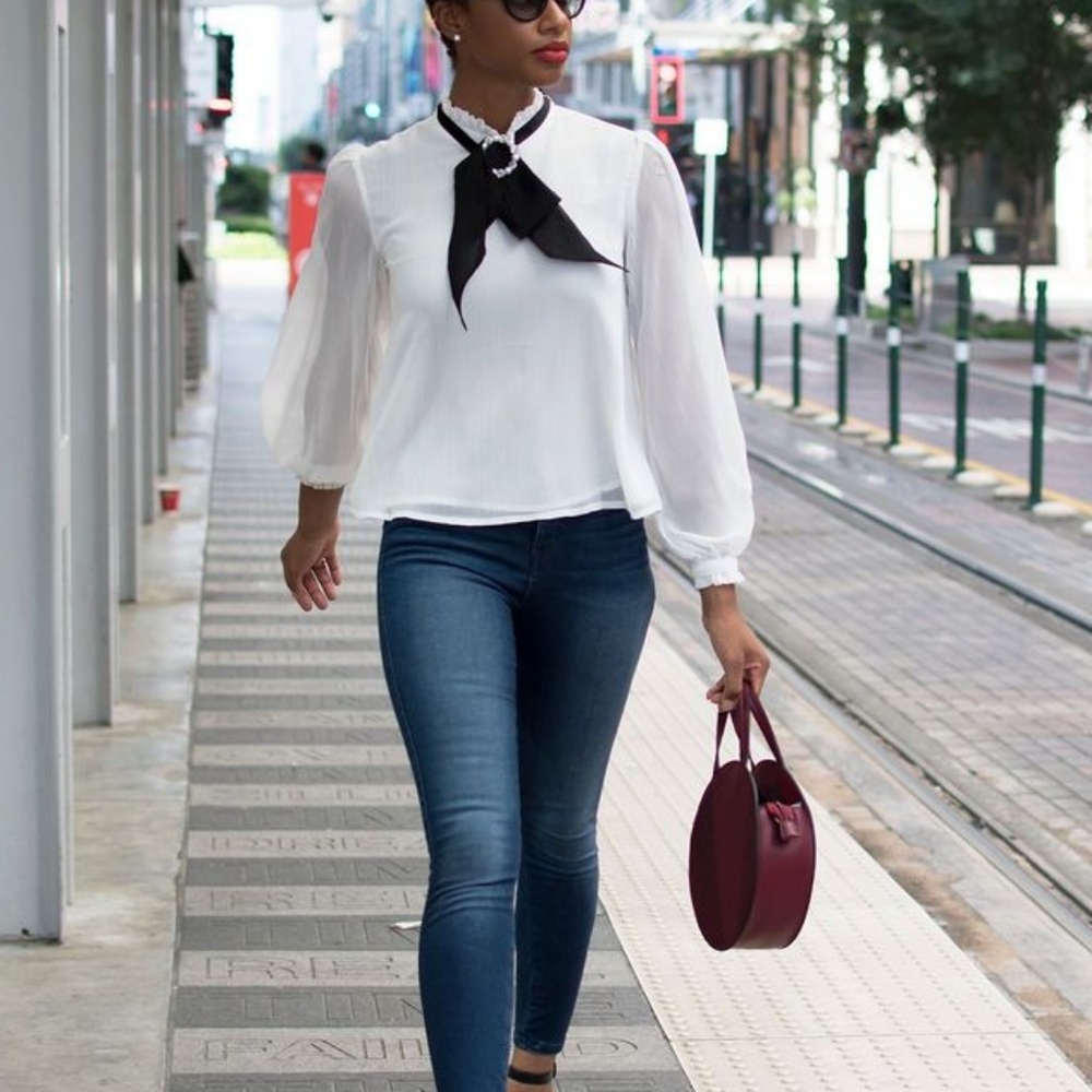 Class Act | Jeweled Neck Bow Blouse